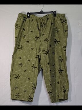 Liz & Me Capri Pants 2X 22/24 Green Tropical Palm Print Elastic Waist Cotton